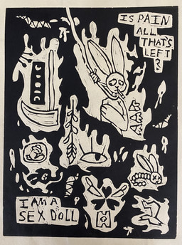 ambiguous_gender anthro cigarette cigarette_in_mouth cigarette_smoke clover_(plant) clover_leaf cult cultist death female feral food imminent_hanging knife leaf meat melee_weapon moon noose object_in_mouth plant polearm razor_blade scythe self-harm sexual_trauma smoke smoking smoking_tobacco solo suicide text weapon wheat woodblock woodblock_print iris_krane floraverse angel_(floraverse) lagomorph leporid mammal rabbit absurd_res english_text hi_res