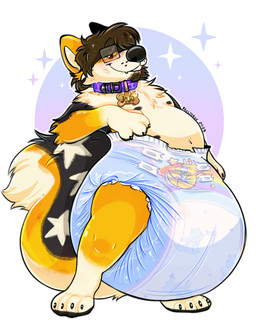 anthro big_diaper blush blush_lines brown_hair clean_diaper clothed clothing collar diaper diaper_only eyewear facial_hair fur glasses goatee hair half-closed_eyes male markings name_tag narrowed_eyes navel nipples orange_body orange_fur rectangular_glasses slightly_chubby slightly_chubby_anthro slightly_chubby_male smile solo standing star_(marking) tail tail_markings topless wearing_diaper fructoruu lngu jojo_corgi canid canine canis domestic_dog herding_dog mammal pastoral_dog welsh_corgi 2025