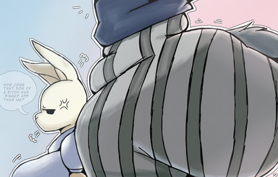 anthro big_breasts big_butt bottom_heavy bottomwear breasts bubble_butt butt butt_envy clothed clothed_anthro clothed_female clothed_male clothing cross-popping_vein dialogue duo female femboy fully_clothed fur grey_body grey_fur huge_butt jealous looking_at_another's_butt looking_at_butt male pants pattern_bottomwear pattern_clothing pattern_pants shirt size_difference speech_bubble striped_bottomwear striped_clothing striped_pants stripes tail text topwear lolbear_9 beastars haru_(beastars) legoshi_(beastars) canid canine canis lagomorph leporid mammal rabbit wolf 2025 english_text hi_res