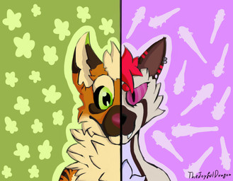 contrast duality duo fluffy front_view fur snout solo_focus split_personality split_screen thejoyfuldragon megaru canid canine canis domestic_cat domestic_dog felid feline felis mammal wolf bust_portrait digital_media_(artwork) portrait