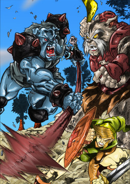 armor blue_body blue_fur bone boomerang brown_hair fangs fur group gums hair plant red_eyes shield skull sky staff teeth tree white_body white_fur yellow_eyes joelchan nintendo the_legend_of_zelda link avian bird blin_(tloz) canid canine canis domestic_dog humanoid hylian mammal moblin hi_res