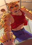 abs anthro belt biceps bottomwear clothed clothing duo eyebrows fur green_eyes hand_holding male multicolored_body multicolored_fur muscular muscular_male pecs solo_focus striped_body striped_fur stripes thick_eyebrows topwear two_tone_body two_tone_fur yu_chi_i morenatsu torahiko_(morenatsu) felid mammal pantherine tiger unavailable_at_source