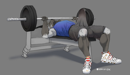 anthro barbell bench_press big_bulge bodily_fluids bottomwear bulge clenched_teeth clothed clothing erection erection_under_clothing exercise eyes_closed footwear genital_fluids grey_background lying male on_back precum precum_through_clothing shirt shoes shorts simple_background solo tank_top teeth tenting topwear weightlifting wet wet_clothing workout vikifox felix_(wolfyium) canid canine canis mammal wolf 2021 absurd_res hi_res