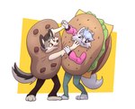 anthro burger burger_costume candy cheeseburger_costume chocolate chocolate_chip_cookie chocolate_chip_cookie_costume chocolate_chips clothing cookie cookie_costume costume dessert duo female food food_costume male deadyoung7 jan_(kigtoons) sundae_(kigtoons) canid canine canis fox mammal wolf absurd_res hi_res