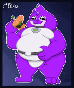 anthro belly belt big_belly black_eyes bulge burger clothed clothing food hand_on_belly holding_food holding_object male overweight overweight_anthro overweight_male partially_clothed pseudo_hair purple_body smug solo space spacesuit henrique_rick disney lilo_and_stitch fan_character tyrian_(tyrianreal) alien experiment_(lilo_and_stitch) absurd_res digital_drawing_(artwork) digital_media_(artwork) hi_res