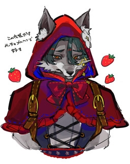 anthro clothing eyewear food fruit fur grey_body grey_fur hair hood looking_at_viewer male monocle multicolored_body multicolored_fur plant red_clothing red_hood simple_background solo strawberry topwear two_tone_body two_tone_fur white_body white_fur mariasamasuki3 compass_(combat_providence_analysis_system) charles_richter_(compass) canid canine canis mammal wolf 2026 absurd_res hi_res