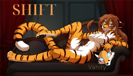 4_toes animal_mask anthro biped black_nose breasts cast_shadow casual_nudity chest_tuft claws cute_fangs digitigrade eyebrow_through_hair eyebrows fainting_couch fangs featureless_breasts feet female female_anthro fingers fox_mask fur furniture hair holding_mask holding_object looking_at_viewer lounging lying markings mask medium_breasts navel nude nude_anthro nude_female on_back on_sofa one_leg_up pawpads pose raised_leg shadow smile smirk snout sofa solo striped_arms striped_back striped_body striped_cheeks striped_fur striped_legs striped_markings striped_tail stripes tail tail_markings teeth toe_claws toes translucent translucent_hair tuft conditional_dnp tom_fischbach twokinds vanity_(twokinds) felid keidran mammal pantherine tiger 2026 7:4 absurd_res colored digital_drawing_(artwork) digital_media_(artwork) hi_res pinup shaded
