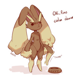 ambiguous_gender anthro black_eyes brown_body brown_fur brown_tail dialogue front_view fur looking_up_at_another nude nude_ambiguous offscreen_character simple_background solo standing stomping tail text thumping_foot white_background advos nintendo pokemon generation_4_pokemon lagomorph lopunny mammal pokemon_(species) 1:1 2025 digital_media_(artwork) english_text