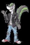 2020 3_fingers absurd_res alpha_channel anthro biped black_pawpads chain chain_accessory claws clothed clothing ear_piercing facial_hair fangs fingers footwear front_view fur green_body green_fur grin hair hi_res jacket krolik leather leather_clothing leather_jacket leather_topwear looking_at_viewer male mammal mephitid multicolored_body multicolored_fur pawpads piercing portrait pose sharp_teeth shoes signature skids_(krolik) skunk smile solo standing striped_body striped_fur stripes teeth topwear torn_clothing traditional_media_(artwork) two_tone_body two_tone_fur