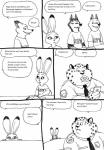 anthro clothing dessert dialogue doughnut female food group male pastry text bernielover disney zootopia benjamin_clawhauser judy_hopps nick_wilde officer_fangmeyer officer_wolfard canid canine canis cheetah felid feline fox lagomorph leporid mammal rabbit red_fox true_fox wolf 2016 comic english_text hi_res monochrome