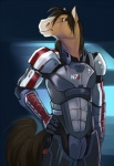 5_fingers anthro armor brown_eyes brown_hair fingers front_view fur hair hand_on_hip long_hair looking_at_viewer male pose solo space_marine tan_body tan_fur demicoeur bioware electronic_arts mass_effect n7 blancmark commander_shepard clydesdale draft_horse equid equine horse mammal digital_media_(artwork) half-length_portrait portrait