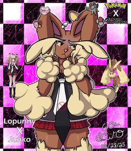 anthro big_ears black_clothing black_shirt black_topwear bodily_fluids bottomwear brown_body brown_fur cardigan clothing eyebrows female fungus fur holding_both_ears looking_away miniskirt mushroom necktie pink_eyes sad shirt skirt solo tears text thick_eyebrows topwear go-two danganronpa danganronpa:_trigger_happy_havoc nintendo pokemon spike_chunsoft junko_enoshima generation_4_pokemon lagomorph leporid lopunny mammal pokemon_(species) rabbit absurd_res english_text hi_res reference_image