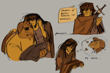 ambiguous_gender anthro bridal_carry brown_hair carrying_another carrying_partner duo eye_patch eyewear green_body hair long_hair male male/ambiguous melee_weapon sword text weapon elfilibust undertale undertale_(series) gerson intro_mage_(undertale) human mammal reptile scalie turtle 2025 digital_media_(artwork) english_text