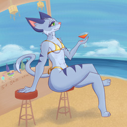 abs anthro beach beverage big_ears bikini breasts claws clothing cloud female fur markings multicolored_body multicolored_fur nails pawpads paws pink_nose sea small_breasts solo striped_body striped_fur striped_markings stripes swimwear tail toe_claws two-piece_swimsuit water sir_snipi brawlhalla golden_week asuri_(brawlhalla) felid mammal pantherine tiger 1:1 hi_res