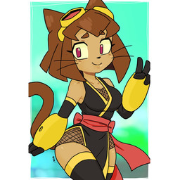 4_fingers alternate_costume anthro blurred_background blush blush_lines breasts brown_eyebrows brown_hair brown_tail cleavage closed_smile clothed clothing eyebrows eyewear eyewear_on_head female female_anthro fingers fishnet_clothing gesture goggles goggles_on_head hair hand_gesture looking_at_viewer medium_breasts medium_hair mouth_closed ninja purple_eyes smile solo standing tail thick_thighs v_sign warrior whiskers wide_hips theeyzmaster gameoverse glitch_productions kit_bodega 2026 hi_res