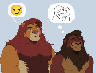 anthro arm_hair biceps blush bodily_fluids body_hair duo embarrassed eye_contact hair looking_at_another male male/male mane muscular nervous nervous_smile nervous_sweat nude simple_background size_difference snout sweat thought_bubble yellow_sclera thediyemi disney the_lion_king kovu_(the_lion_king) simba_(the_lion_king) felid lion mammal pantherine colored digital_drawing_(artwork) digital_media_(artwork) flat_colors hi_res