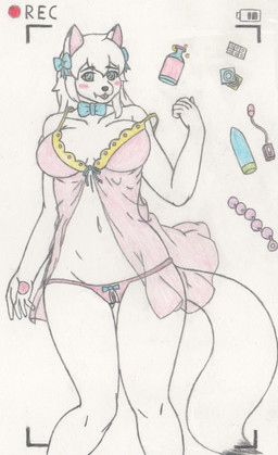 big_breasts blush breasts camera_view clothed clothing female fur genitals hair open_mouth sex_toy solo translucent translucent_clothing vulva white_body white_fur imjim007 canid canine canis mammal wolf colored_pencil_(artwork) hi_res traditional_media_(artwork)