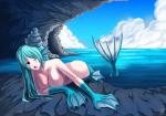 big_breasts blue_eyes blue_hair blush breasts butt female fin hair membrane_(anatomy) nude one_eye_closed open_mouth scales shell solo split_form water webbed_hands wet darkmaya marine merfolk