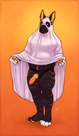 andromorph anthro bedsheet_ghost belly_nipples belly_tuft black_body black_fur claws clothing dildo ear_piercing facial_piercing fur gauged_ear holidays intersex jockstrap knot knotted_dildo markings nipples nipples_through_clothing nose_piercing nose_ring orange_body orange_claws orange_dildo orange_nipples orange_pawpads orange_skin overweight pawpads piercing pointy_ears ring_piercing septum_piercing septum_ring sex_toy solo strapon striped_body stripes tuft underwear white_markings interkos halloween bull_terrier canid canine canis domestic_dog ghost hunting_dog mammal spirit terrier 2022 hi_res