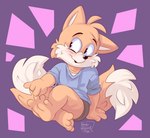 4_fingers 4_toes anthro blush bottomwear cheek_tuft clothing facial_tuft feet fingers hand_on_foot male multi_tail no_shoes shorts simple_background sitting sitting_on_ground solo tail toes topwear tuft roarey_raccoon sega sonic_the_hedgehog_(series) miles_prower canid canine fox mammal absurd_res hi_res signature