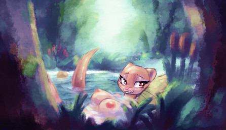 anthro bedroom_eyes female fur looking_at_viewer narrowed_eyes nipples painted_background partially_submerged pink_nipples plant red_eyes reeds river seductive small_ears smile solo tan_body tan_fur tree murrdusa mammal mustelid otter hi_res