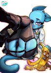 anthro banana_peel black_clothing black_footwear black_panties black_shoes black_underwear blue_body blue_eyes blue_fur bottomwear butt cheek_tuft clothed clothing collared_shirt dress_shirt eyebrows eyelashes facial_tuft female footwear fur garter_belt garter_straps high_heels inner_ear_fluff legwear looking_at_viewer markings miniskirt one_eye_closed panties pink_nose shirt shoes simple_background skirt solo stockings text thigh_highs topwear tuft underwear whisker_markings white_background phenecly cartoon_network the_amazing_world_of_gumball banana_joe nicole_watterson domestic_cat felid feline felis mammal 2025 artist_name hi_res