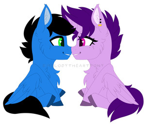 cheek_tuft duo ear_piercing eyebrows eyelashes facial_tuft female feral fluffy fluffy_chest folded_wings gwiff hooves horn looking_at_another male male/female markings mole_(marking) piercing raised_eyebrows short_mane sitting smile tuft wings melodytheartpony hasbro my_little_pony mythology violet_scratch equid equine mammal mythological_creature mythological_equine pegasus winged_unicorn absurd_res hi_res signature