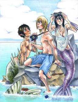 black_hair blonde_hair blue_bottomwear blue_clothing blue_eyes blue_shorts blush bottomwear brown_hair camera clothed clothing cloud eyewear female fin green_eyes green_tail grey_eyes group hair humanoid_pointy_ears island male pointy_ears polyamory purple_tail rock sea shirt shorts sky split_form sunglasses swimming_trunks swimwear tail tank_top topless topwear trio water brokenhighway attack_on_titan armin_arlert eren_jaeger mikasa_ackerman aquatic human humanoid humanoid_merfolk mammal merfolk 2015