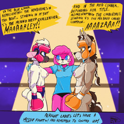 anthro blue_eyes bodily_fluids boxing boxing_gloves braided_hair braided_tail breasts clothed clothing competition crotchless_clothing dialogue eye_contact female fighting_ring genitals group hair hands_on_shoulders handwear headgear looking_at_another mouthguard multicolored_hair nipples referee sexual_competition sport staredown sweat sweatdrop tail text topless trio two_tone_hair vulva white_body yellow_eyes fellowthewulf koc marl_(fellowthewulf) bovid canid canine caprine mammal sheep 2023 absurd_res digital_media_(artwork) english_text hi_res