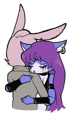 anthro black_clothing blue_body blue_fur bodily_fluids circlet clothing comfort comforting crying duo ear_piercing ear_ring female female/female fur hair hug hugging_another piercing pink_body pink_fur purple_hair ring_piercing sad tears tight_clothing alekoin nintendo star_fox krystal_(star_fox) kursed_(star_fox) lucy_hare canid canine fox hare lagomorph leporid mammal