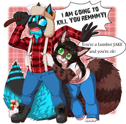 anime_eyes anthro axe clothed clothing duo female male melee_weapon open_mouth smile standing text weapon lovelesskiax remmmy canid canine felid mammal digital_media_(artwork) english_text hi_res