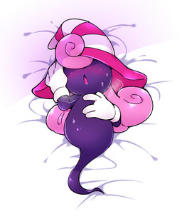 bed_sheet bedding blush bodily_fluids breath clothing dakimakura female ghost_tail gloves hair hair_over_eyes handwear hat headgear headwear legless long_hair looking_at_viewer lying not_furry on_back open_mouth pink_hair purple_body simple_background solo sweat white_background white_clothing white_gloves white_handwear witch_hat suzumusi114 mario_bros nintendo paper_mario vivian_(mario) ghost shadow_siren spirit 2018 5:6 dakimakura_design digital_media_(artwork) full-length_portrait hi_res portrait trans_(lore) trans_woman_(lore)