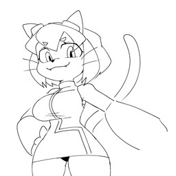 anthro big_breasts breasts clothed clothed_anthro clothed_female clothing cute_fangs eyewear_on_head fangs female hair looking_at_viewer low-angle_view panties panty_shot smile smiling_at_viewer solo tail teeth thick_thighs underwear whiskers wide_hips divadula_k gameoverse glitch_productions kit_bodega domestic_cat felid feline felis mammal 1:1 hi_res monochrome sketch