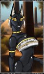 anthro black_body black_fur clothing desert ear_piercing egyptian egyptian_clothing female fur gold_(metal) gold_jewelry jewelry piercing slim_anthro slim_female smile solo symbol whiskers yellow_eyes 0l-fox-l0 anubian_jackal canid canine canis jackal mammal 3:5 absurd_res hi_res