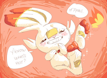 ambiguous_gender anthro blush feet feral fur paws simple_background smile solo teeth text toes white_body white_fur oddjuice nintendo pokemon generation_8_pokemon lagomorph mammal pokemon_(species) scorbunny digital_media_(artwork) hi_res