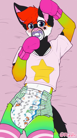 abdl ageplay anthro bedding bedding_background black_body black_fur blue_eyes blush bondage_gear bondage_gloves clothed clothing diaper front_view fur green_body green_diaper green_fur hair handwear infantilism littlepawz_(diaper) looking_at_viewer lying male male_anthro object_in_mouth on_back orange_body orange_fur pacifier pacifier_in_mouth red_hair roleplay short_hair solo wearing_diaper white_body white_diaper white_fur riddlr abuniverse littlepawz canid canine mammal hi_res portrait three-quarter_portrait