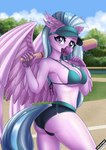 anthro anthrofied baseball_bat baseball_field bat_(object) beak bikini blue_hair blush bottomwear breasts butt clothed clothing feathered_wings feathers female hair hat headgear headwear holding_object hotpants jewelry looking_at_viewer looking_back necklace open_mouth open_smile outside pendant pink_body purple_eyes shorts side_view skimpy smile solo spread_wings swimwear two-piece_swimsuit under_boob visor_cap wings lifejoyart european_mythology friendship_is_magic greek_mythology hasbro my_little_pony mythology silverstream_(mlp) avian hippogriff mammal mythological_avian mythological_creature hi_res