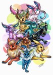 2022 absurd_res canid eevee eeveelution espeon female feral flareon fur generation_1_pokemon generation_2_pokemon generation_4_pokemon generation_6_pokemon glaceon group hi_res jolteon leafeon looking_at_viewer lupiarts male mammal multicolored_body multicolored_fur nintendo open_mouth pawpads paws pokeball pokemon pokemon_(species) signature simple_background smile sylveon tail traditional_media_(artwork) umbreon vaporeon