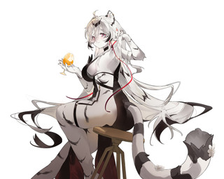 :3 ahoge anthro big_breasts breasts cocktail_dress container cup female flower_on_tail fur furniture hair holding_container holding_cup holding_object kemono long_hair pink_eyes rear_view side_boob sideless_dress simple_background sitting solo stool striped_body striped_fur striped_hair stripes tail thigh_strap turning_around white_background white_body white_fur white_hair pkts1017 mahjong_soul hannah_(mahjong_soul) felid mammal pantherine tiger absurd_res hi_res korean_description
