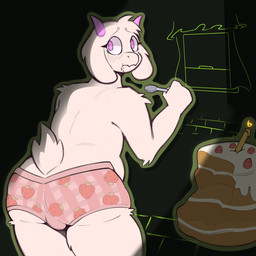 anthro belly bulge butt cake clothed clothing cutlery dessert door eating food fur horn kitchen_utensils male open_door pink_eyes rear_view simple_background slightly_chubby slightly_chubby_anthro slightly_chubby_male solo spoon thick_thighs tools underwear underwear_only white_body white_fur galaxiedraws deltarune undertale_(series) ralsei boss_monster_(undertale) bovid caprine goat mammal 1:1 absurd_res hi_res