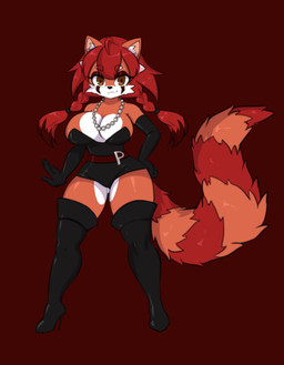 anthro armwear belt big_breasts boots breasts clothing elbow_gloves eye_markings female footwear fur gem gloves hair hand_on_hip handwear high_heeled_boots high_heels highlights_(coloring) latex latex_clothing legwear markings orange_body orange_fur p_(letter) pearl_(gem) pigtails red_background red_body red_fur red_hair red_highlights shoes short_hair simple_background smile smiling_at_viewer smirk smirking_at_viewer solo striped_markings striped_tail stripes tail tail_markings thigh_boots thigh_highs tied_hair white_body white_fur nothing-left aifu_pana_(nickzilla) ailurid mammal red_panda hi_res