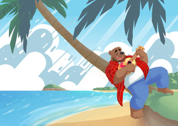 anthro beach belly bottomwear brown_body brown_fur clothing detailed_background eyes_closed fur humanoid_hands lute male musical_instrument outside overweight overweight_anthro overweight_male pants plucked_string_instrument seaside shirt solo string_instrument topwear ukulele water hashburrowns bear mammal 2019 absurd_res hi_res