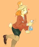 anthro blush bottomwear brown_clothing brown_footwear brown_shoes cardigan clothing female footwear fur pencil_skirt shoes skirt smile solo spray_bottle topwear yellow_body yellow_fur noruru3737 animal_crossing nintendo isabelle_(animal_crossing) canid canine canis domestic_dog mammal shih_tzu toy_dog hi_res