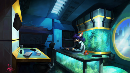 ambiguous_gender anthro aquarium bed blue_hair bunk_bed clothing computer detailed_background electronics eyewear furniture glasses hair inside laptop night plant shirt sitting smile solo topwear vivarium window kite512 canid mammal 16:9 2024 digital_media_(artwork) hi_res widescreen