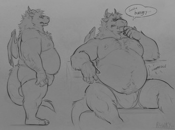anthro balls_outline belly big_belly bulge clothed clothing detailed_bulge eyewear front_view fur genital_outline glasses grey_background horn hungry male male_anthro moobs nipples overweight overweight_anthro overweight_male penis_outline rumbling_stomach side_view simple_background sitting solo standing tail tapering_tail thought_bubble underwear underwear_only wearing_glasses wings r4wry mythology dragon furred_dragon furred_scalie mythological_creature mythological_scalie scalie hi_res