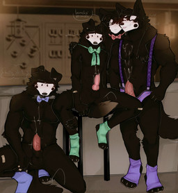 animal_genitalia animal_penis anthro anus arm_around_neck athletic athletic_male balls band-aid band-aid_on_arm band-aid_on_knee band-aid_on_leg bandage bar_counter bar_stool bite black_body black_fur black_sheath blush bodily_fluids bow_ribbon bow_tie breaking_the_fourth_wall breath canine_genitalia canine_penis claws clothed clothing clothing_pull counter cum cum_drip cum_on_chest cum_on_chin cum_on_face cum_on_own_face cum_on_penis cum_on_self cum_on_tongue cum_spurt dipstick_tail disembodied_hand dripping facial_hair floppy_ears fondling footwear freckled_face freckles fur furniture genital_fluids genitals group hair_down hand_on_shoulder heart_symbol holding_leg holding_object knot knot_in_sheath magazine male markings mole_(marking) muscular muscular_male narrowed_eyes panting partially_clothed penile penis photo_shoot precum profanity seductive sex sheath sitting_on_stool slim_male smile socks spread_legs spreading stated_age stool suspenders tail tail_markings tail_motion tailwag text thought_bubble toe_claws toeless_footwear toeless_socks tongue tongue_bite underwear underwear_down underwear_pull vein veiny_penis whining whistling white_body white_fur wide_eyed yelling cerberussenn lee_sweeto_(cerberussenn) leon_sweeto_(cerberussenn) luan_sweeto_(cerberussenn) lucky_sweeto_(cerberussenn) animal_humanoid canid canid_humanoid canine canine_humanoid canis humanoid mammal mammal_humanoid wolf wolf_humanoid absurd_res cover english_text hi_res magazine_cover signature brother_(lore) brothers_(lore) half_brother_(lore) sibling_(lore)