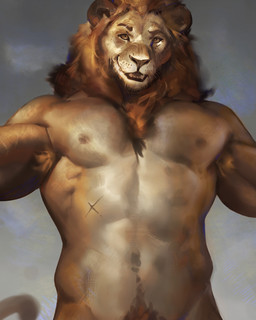 abs anthro armpit_hair arms_outstretched biceps black_lips body_hair chest_tuft cloud cloudy_sky eyebrow_scar eyebrows facial_scar fur grey_background grin happy_trail lips looking_at_viewer male mane muscular muscular_anthro nipples obliques orange_body orange_fur pecs pubes rib_cage scar simple_background sky smile solo stocky tail tuft v-cut whiskers yellow_eyes ulvin_art felid lion mammal pantherine 4:5 half-length_portrait hi_res portrait