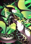 anthro big_wings bodily_fluids claws female green_hair hair horn long_hair long_tail magic pink_eyes sad scales simple_background solo tail tears teeth tongue tongue_out wings liloli_(artist) mythology dragon mythological_creature mythological_scalie scalie absurd_res hi_res