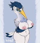 anthro areola beak big_breasts breasts feathers female genitals long_beak long_neck nipples nude pink_areola pink_nipples pussy shy solo white_body white_feathers urefunest solaira_(urefunest) avian bird great_blue_heron great_heron heron pelecaniform 2024 hi_res