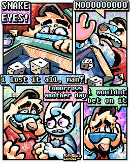 4_panel_comic aloha_shirt anthro bow_tie clothing craps craps_table dialogue dice duo eyewear floppy_ears fur half-closed_eyes hat headgear headwear humor male narrowed_eyes overalls pattern_clothing pattern_shirt pattern_topwear shirt snake_eyes speech_bubble sunglasses text topwear white_body white_fur wide_eyed yellow_body yellow_fur rawdawgcomics bingus_(rawdawgcomics) stahli_(rawdawgcomics) bird_dog canid canine canis domestic_dog golden_retriever hunting_dog lagomorph leporid mammal rabbit retriever 4:5 comic english_text hi_res